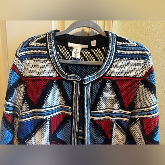 H&M Label Graded Goods Red White Blue Geometric Patchwork Cardigan Sweater Sz L - Picture 2 of 9